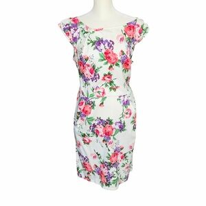 Belle Poque Floral Sweetheart Retro 50s Dress in White with Pink & Purple Blooms